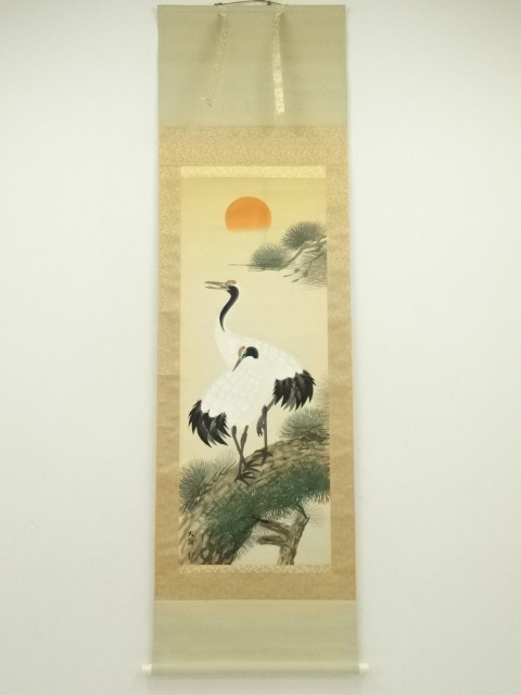 JAPANESE HANGING SCROLL / HAND PAINTED / PAIRED CRANES